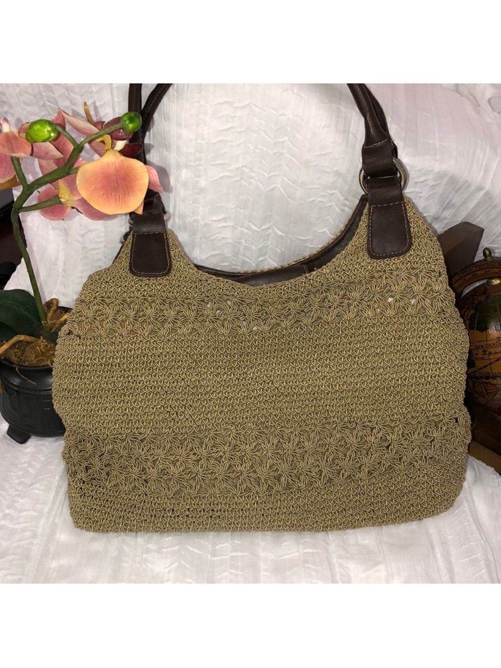 Macrame Crochet Faux Leather Combo Tan Brown Satchel